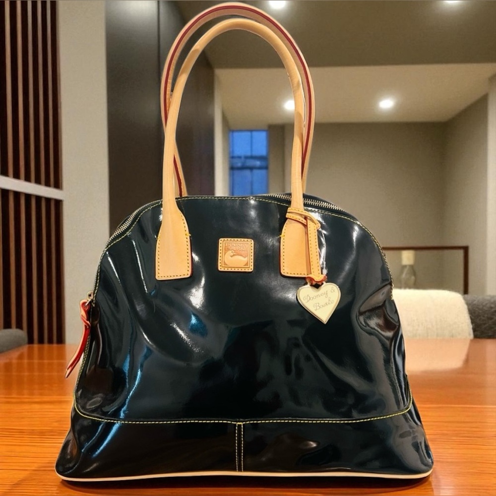 Dooney & Bourke Domed Satchel Black Patent Leather Tan Leather Trim NWOT